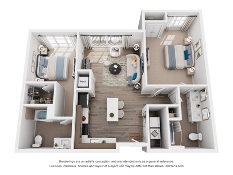 Floor plan for 2 beds, 2 baths, 1017 sqft